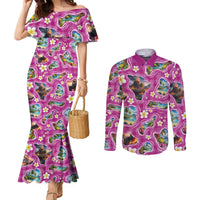 Hawaiian Island Shapes-Iconic Landscape Couples Matching Mermaid Dress and Long Sleeve Button Shirt with Plumeria and Palaka Pink Color LT03 Pink - Polynesian Pride