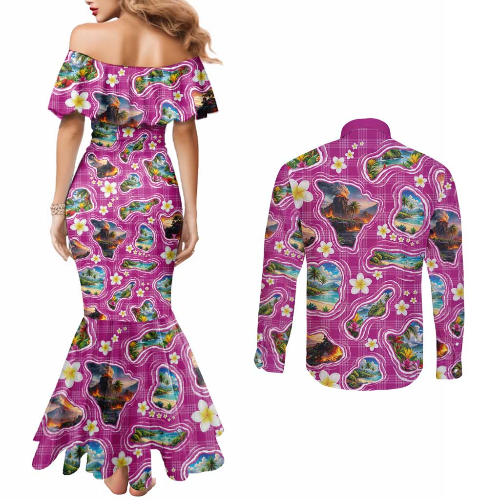 Hawaiian Island Shapes-Iconic Landscape Couples Matching Mermaid Dress and Long Sleeve Button Shirt with Plumeria and Palaka Pink Color LT03 - Polynesian Pride