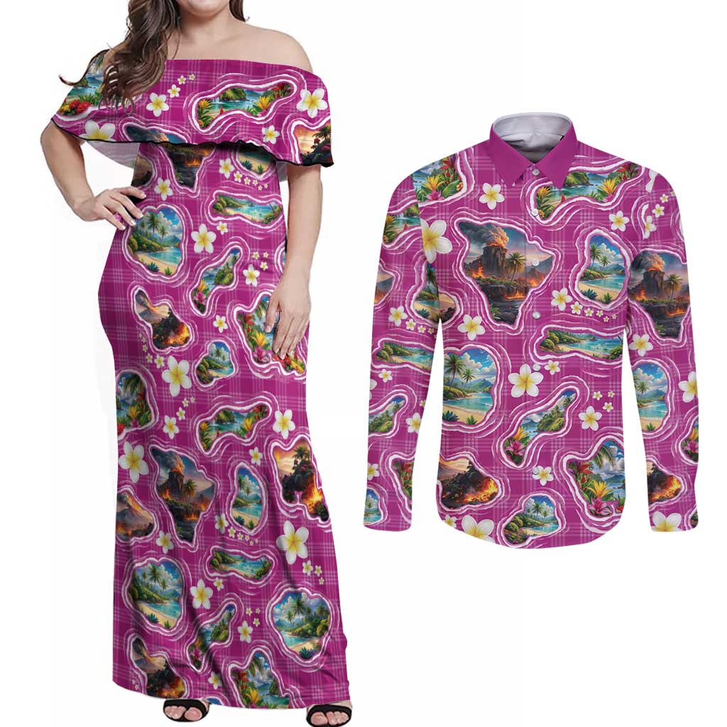 Hawaiian Island Shapes-Iconic Landscape Couples Matching Off Shoulder Maxi Dress and Long Sleeve Button Shirt with Plumeria and Palaka Pink Color LT03 Pink - Polynesian Pride