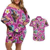 Hawaiian Island Shapes-Iconic Landscape Couples Matching Off Shoulder Short Dress and Hawaiian Shirt with Plumeria and Palaka Pink Color LT03 Pink - Polynesian Pride