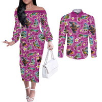 Hawaiian Island Shapes-Iconic Landscape Couples Matching Off The Shoulder Long Sleeve Dress and Long Sleeve Button Shirt with Plumeria and Palaka Pink Color LT03 Pink - Polynesian Pride