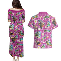 Hawaiian Island Shapes-Iconic Landscape Couples Matching Puletasi and Hawaiian Shirt with Plumeria and Palaka Pink Color LT03 - Polynesian Pride
