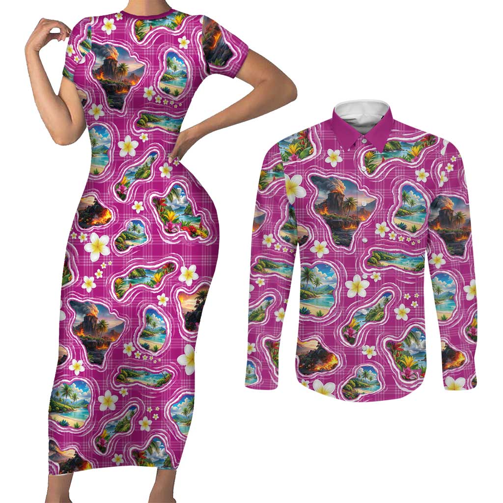 Hawaiian Island Shapes-Iconic Landscape Couples Matching Short Sleeve Bodycon Dress and Long Sleeve Button Shirt with Plumeria and Palaka Pink Color LT03 Pink - Polynesian Pride