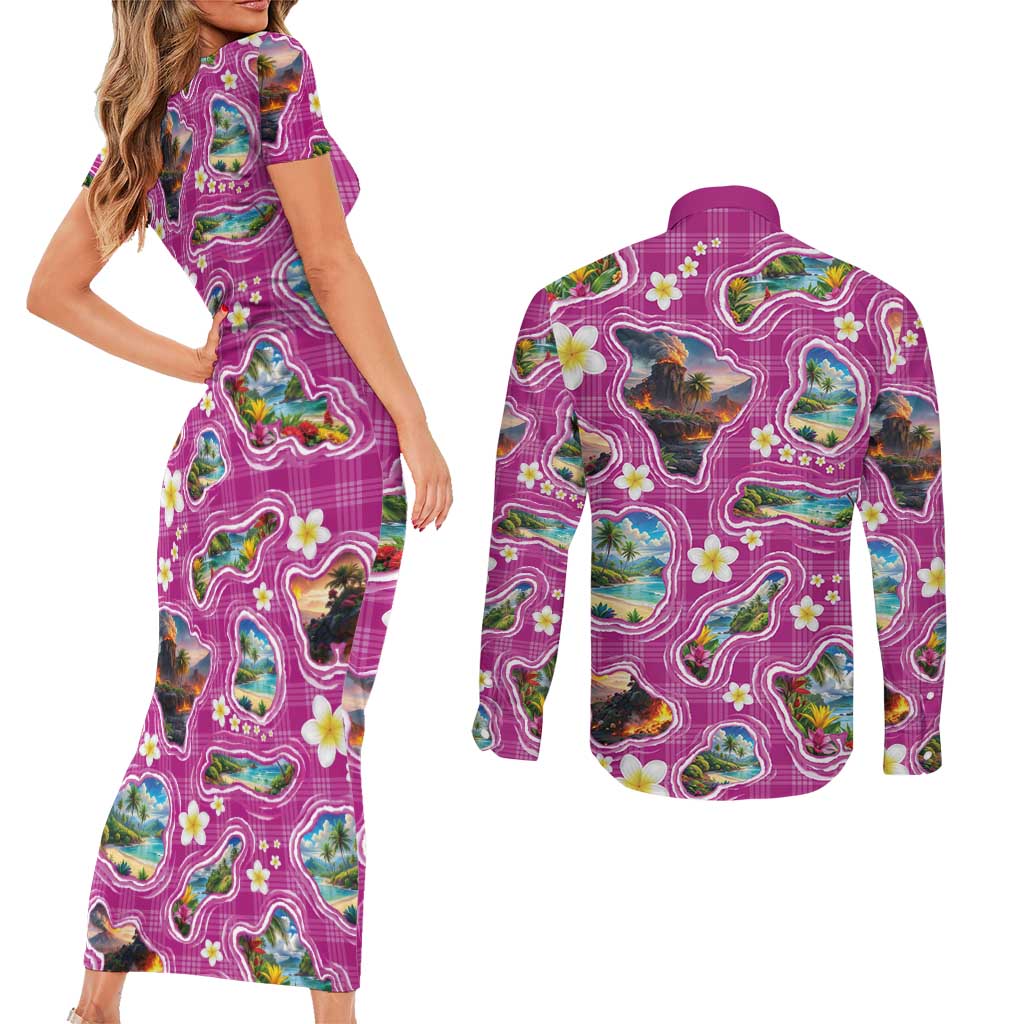 Hawaiian Island Shapes-Iconic Landscape Couples Matching Short Sleeve Bodycon Dress and Long Sleeve Button Shirt with Plumeria and Palaka Pink Color LT03 - Polynesian Pride