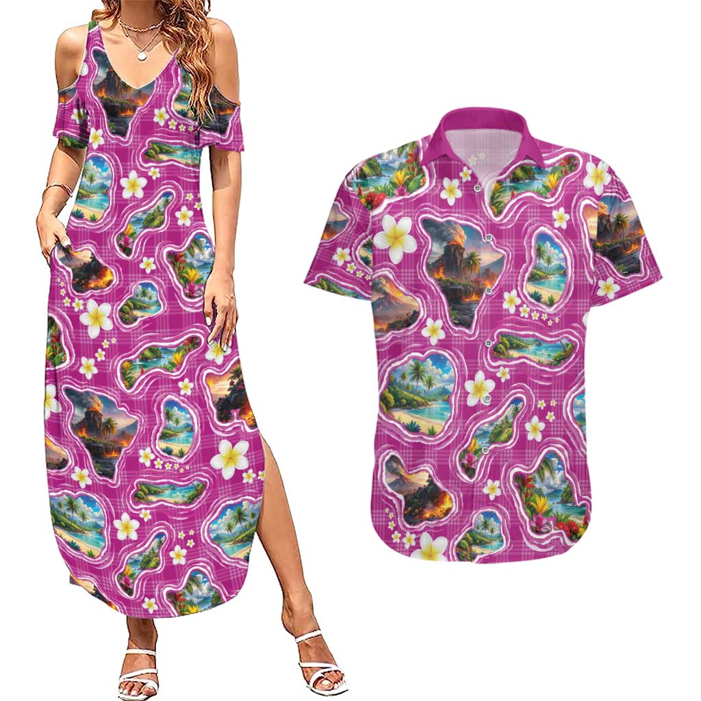 Hawaiian Island Shapes-Iconic Landscape Couples Matching Summer Maxi Dress and Hawaiian Shirt with Plumeria and Palaka Pink Color LT03 Pink - Polynesian Pride