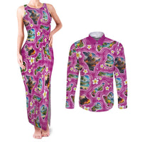 Hawaiian Island Shapes-Iconic Landscape Couples Matching Tank Maxi Dress and Long Sleeve Button Shirt with Plumeria and Palaka Pink Color LT03 Pink - Polynesian Pride