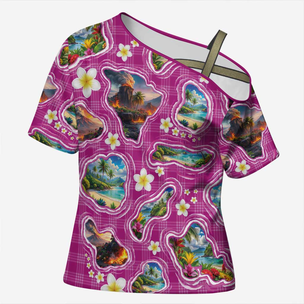 Hawaiian Island Shapes-Iconic Landscape Cross Shoulder Shirt with Plumeria and Palaka Pink Color