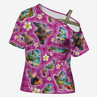 Hawaiian Island Shapes-Iconic Landscape Cross Shoulder Shirt with Plumeria and Palaka Pink Color