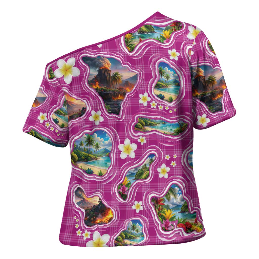 Hawaiian Island Shapes-Iconic Landscape Cross Shoulder Shirt with Plumeria and Palaka Pink Color