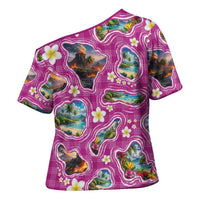 Hawaiian Island Shapes-Iconic Landscape Cross Shoulder Shirt with Plumeria and Palaka Pink Color