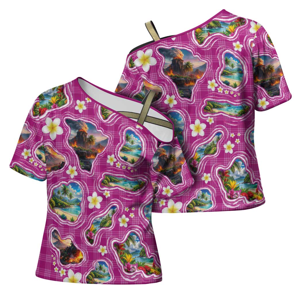Hawaiian Island Shapes-Iconic Landscape Cross Shoulder Shirt with Plumeria and Palaka Pink Color