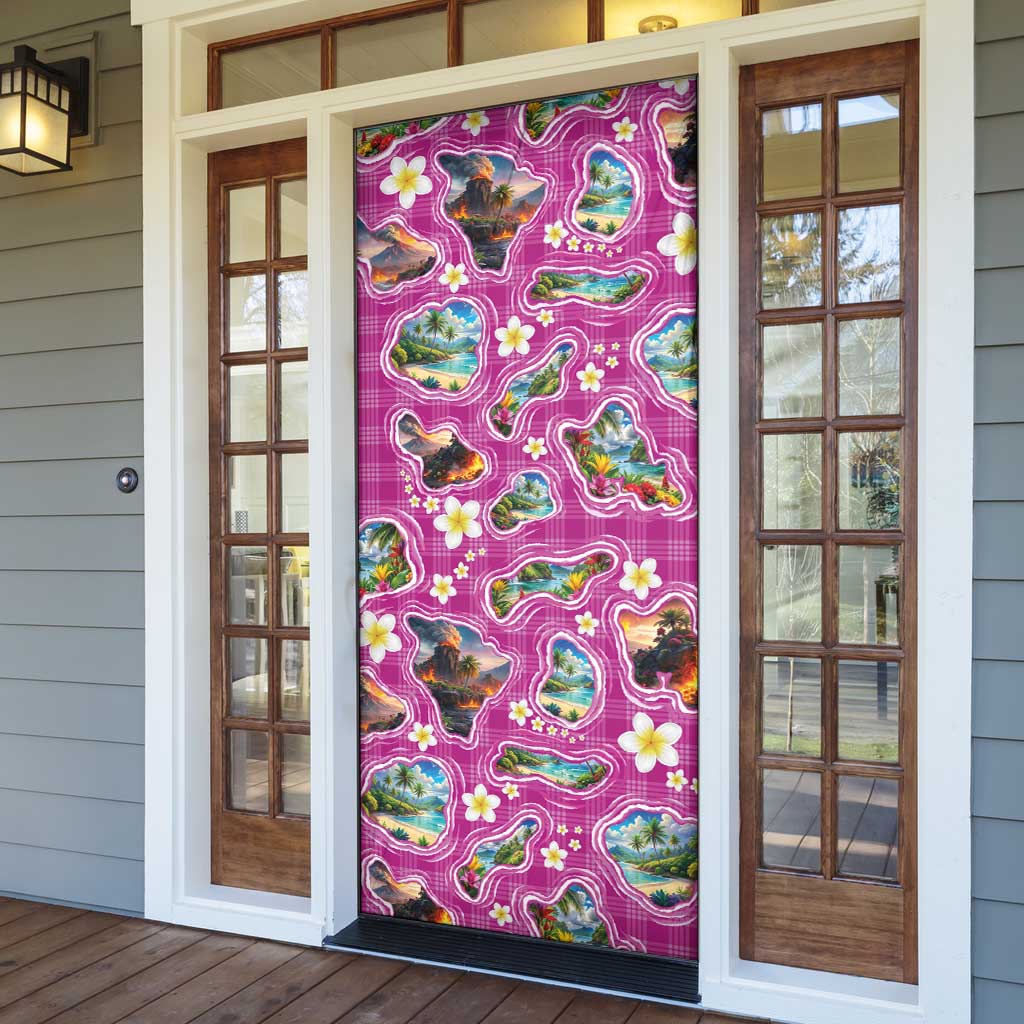 Hawaiian Island Shapes-Iconic Landscape Door Cover with Plumeria and Palaka Pink Color
