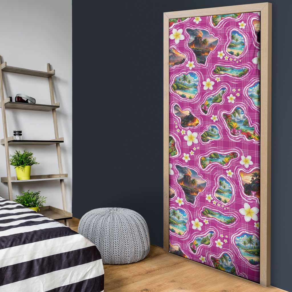 Hawaiian Island Shapes-Iconic Landscape Door Cover with Plumeria and Palaka Pink Color