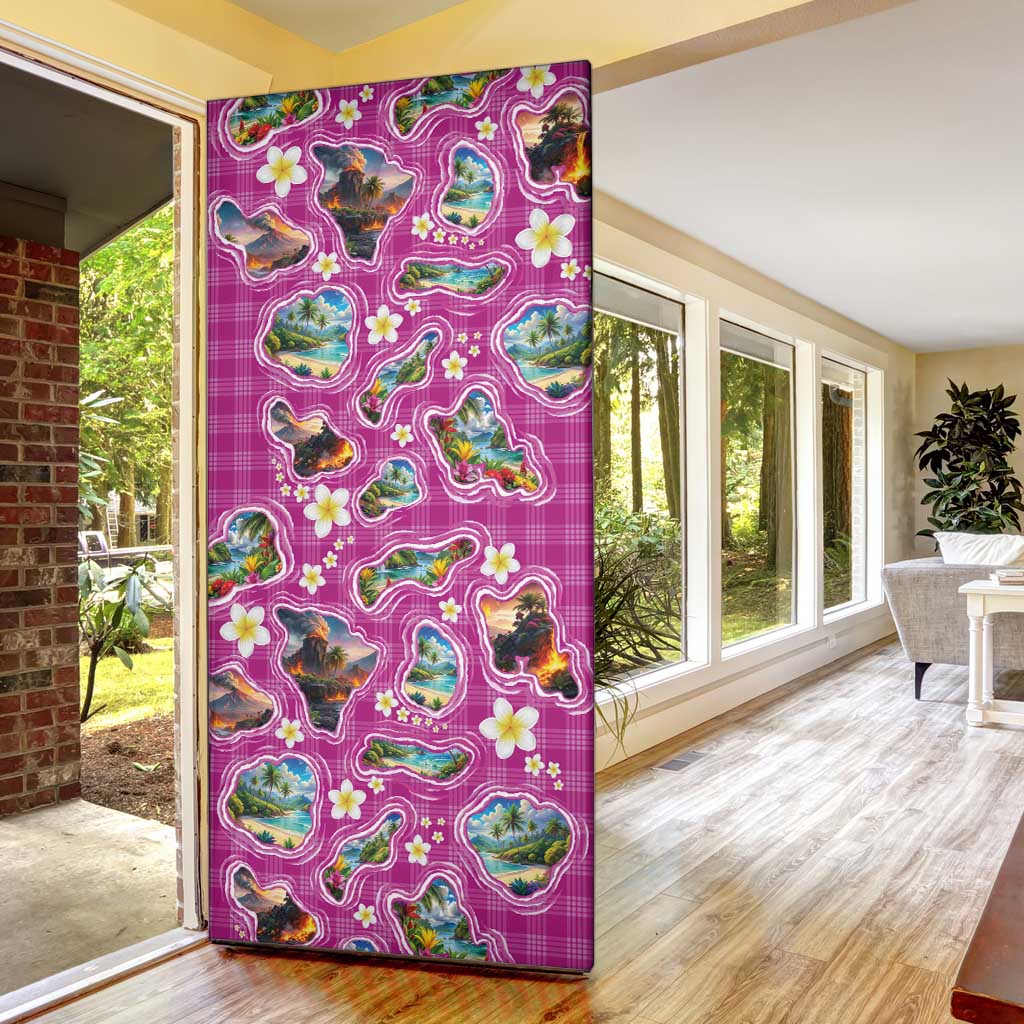Hawaiian Island Shapes-Iconic Landscape Door Cover with Plumeria and Palaka Pink Color
