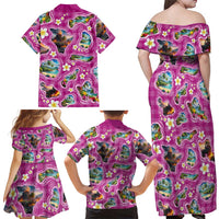 Hawaiian Island Shapes-Iconic Landscape Family Matching Off Shoulder Maxi Dress and Hawaiian Shirt with Plumeria and Palaka Pink Color LT03 - Polynesian Pride