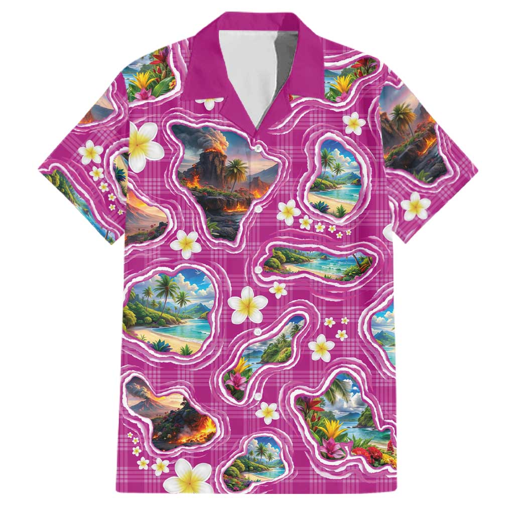 Hawaiian Island Shapes-Iconic Landscape Family Matching Off Shoulder Maxi Dress and Hawaiian Shirt with Plumeria and Palaka Pink Color LT03 Dad's Shirt - Short Sleeve Pink - Polynesian Pride
