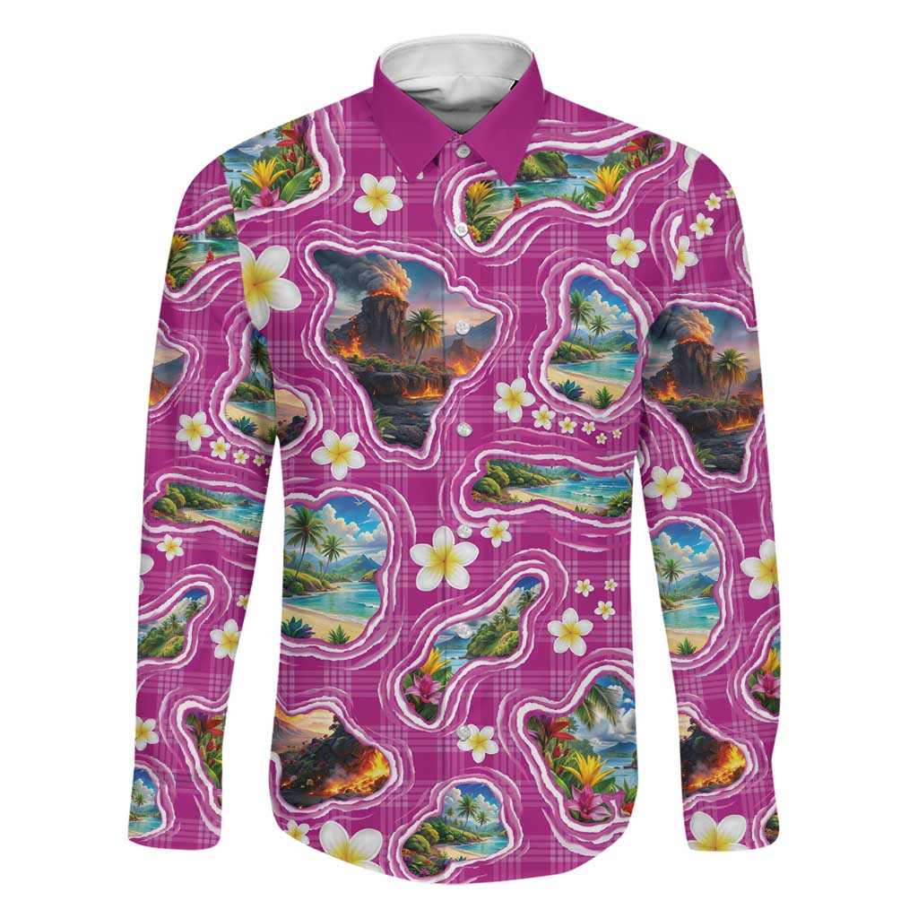 Hawaiian Island Shapes-Iconic Landscape Family Matching Off Shoulder Maxi Dress and Hawaiian Shirt with Plumeria and Palaka Pink Color LT03 Dad's Shirt - Long Sleeve Pink - Polynesian Pride
