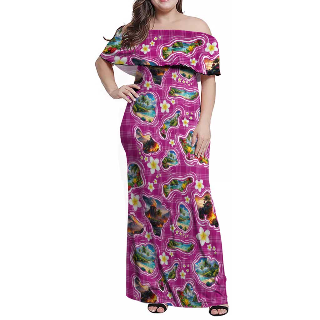 Hawaiian Island Shapes-Iconic Landscape Family Matching Off Shoulder Maxi Dress and Hawaiian Shirt with Plumeria and Palaka Pink Color LT03 Mom's Dress Pink - Polynesian Pride