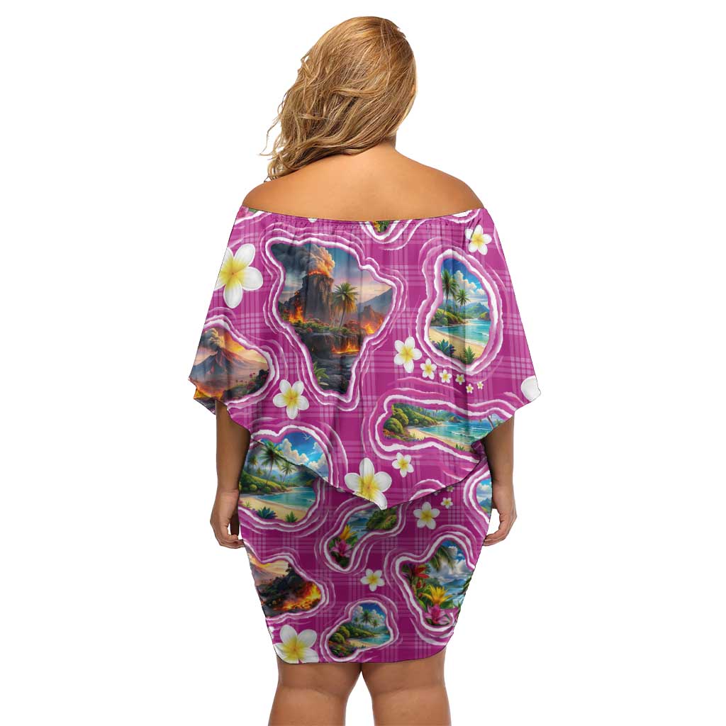 Hawaiian Island Shapes-Iconic Landscape Family Matching Off Shoulder Short Dress and Hawaiian Shirt with Plumeria and Palaka Pink Color LT03 - Polynesian Pride