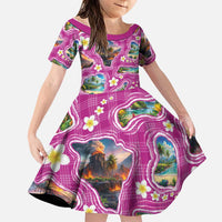 Hawaiian Island Shapes-Iconic Landscape Family Matching Puletasi and Hawaiian Shirt with Plumeria and Palaka Pink Color LT03 Daughter's Dress Pink - Polynesian Pride