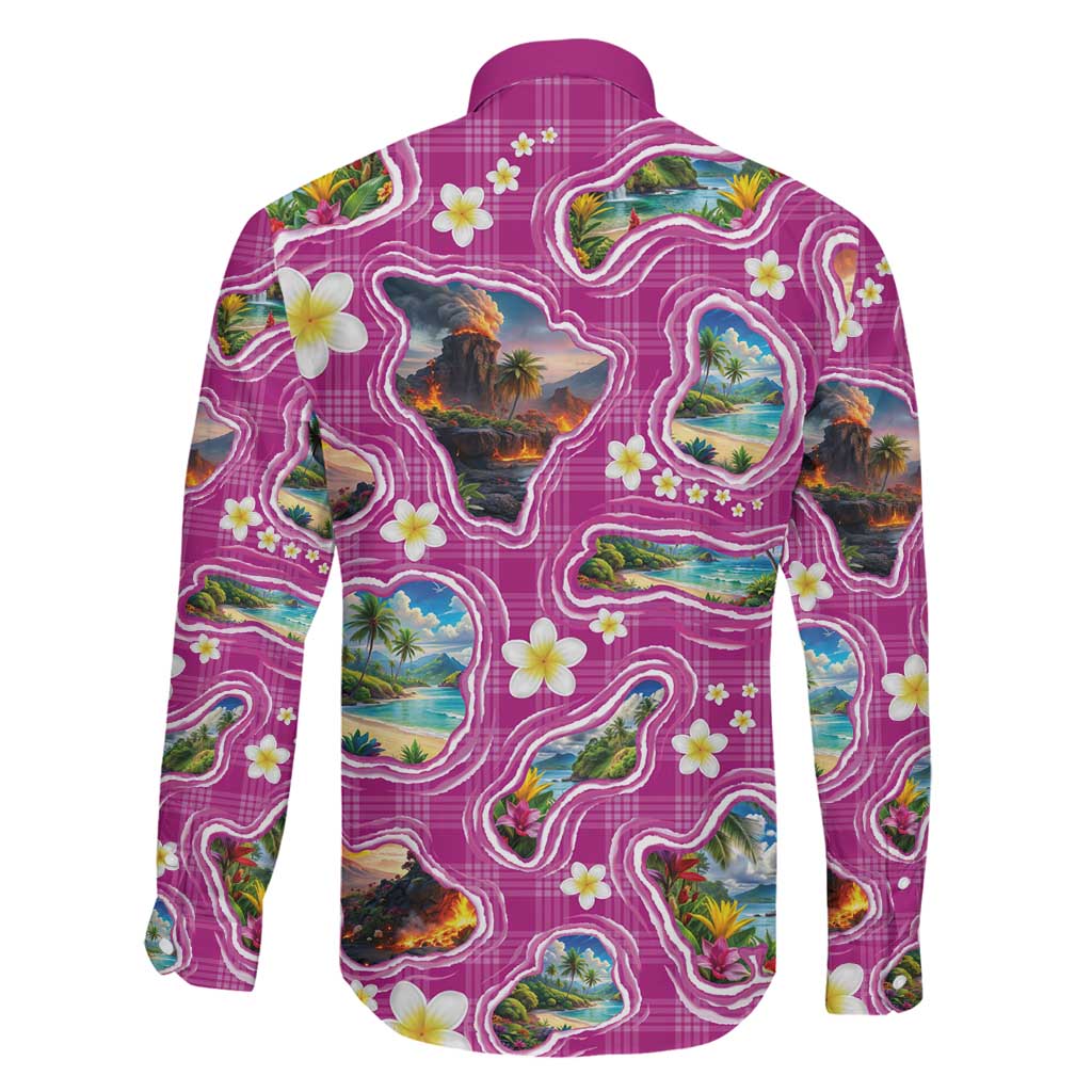 Hawaiian Island Shapes-Iconic Landscape Family Matching Short Sleeve Bodycon Dress and Hawaiian Shirt with Plumeria and Palaka Pink Color LT03 - Polynesian Pride