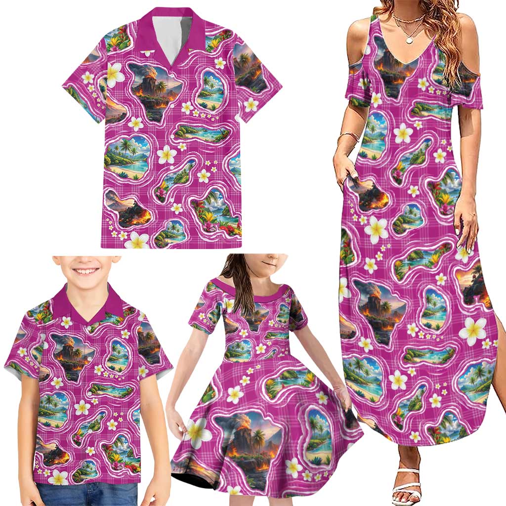 Hawaiian Island Shapes-Iconic Landscape Family Matching Summer Maxi Dress and Hawaiian Shirt with Plumeria and Palaka Pink Color LT03 - Polynesian Pride