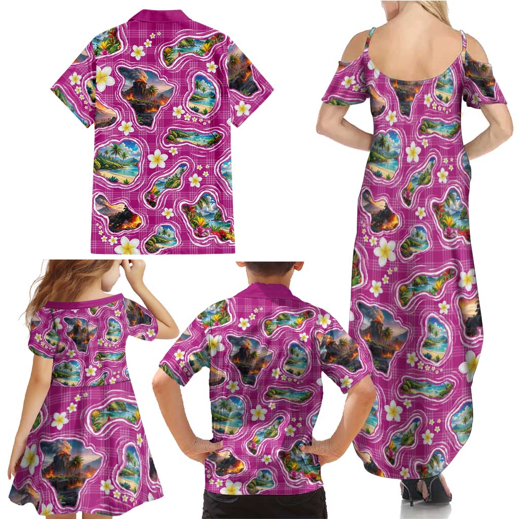Hawaiian Island Shapes-Iconic Landscape Family Matching Summer Maxi Dress and Hawaiian Shirt with Plumeria and Palaka Pink Color LT03 - Polynesian Pride