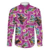 Hawaiian Island Shapes-Iconic Landscape Family Matching Summer Maxi Dress and Hawaiian Shirt with Plumeria and Palaka Pink Color LT03 Dad's Shirt - Long Sleeve Pink - Polynesian Pride