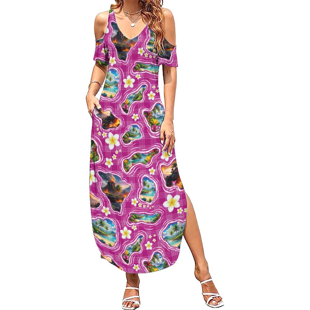 Hawaiian Island Shapes-Iconic Landscape Family Matching Summer Maxi Dress and Hawaiian Shirt with Plumeria and Palaka Pink Color LT03 Mom's Dress Pink - Polynesian Pride
