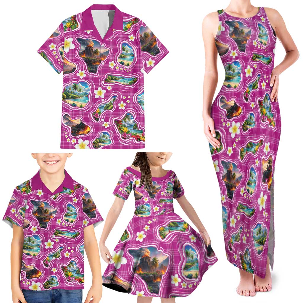 Hawaiian Island Shapes-Iconic Landscape Family Matching Tank Maxi Dress and Hawaiian Shirt with Plumeria and Palaka Pink Color LT03 - Polynesian Pride