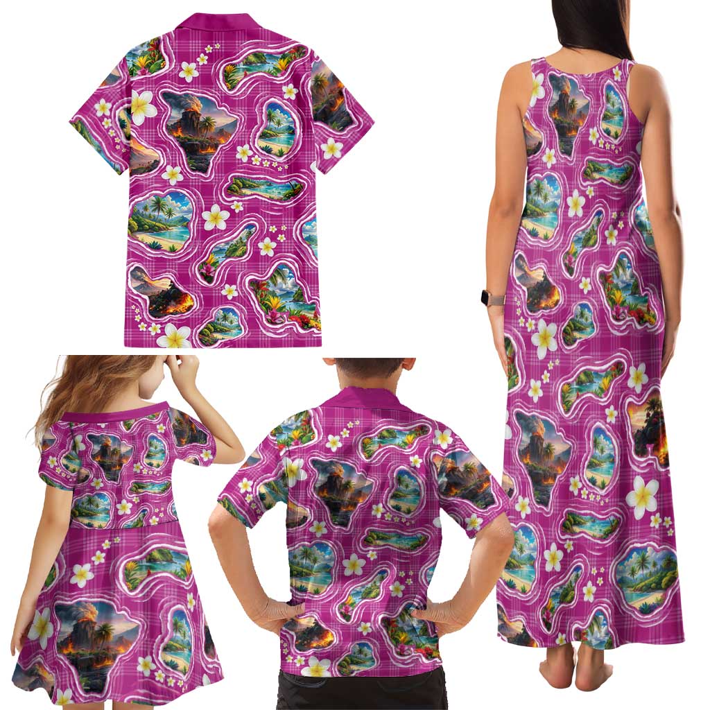Hawaiian Island Shapes-Iconic Landscape Family Matching Tank Maxi Dress and Hawaiian Shirt with Plumeria and Palaka Pink Color LT03 - Polynesian Pride
