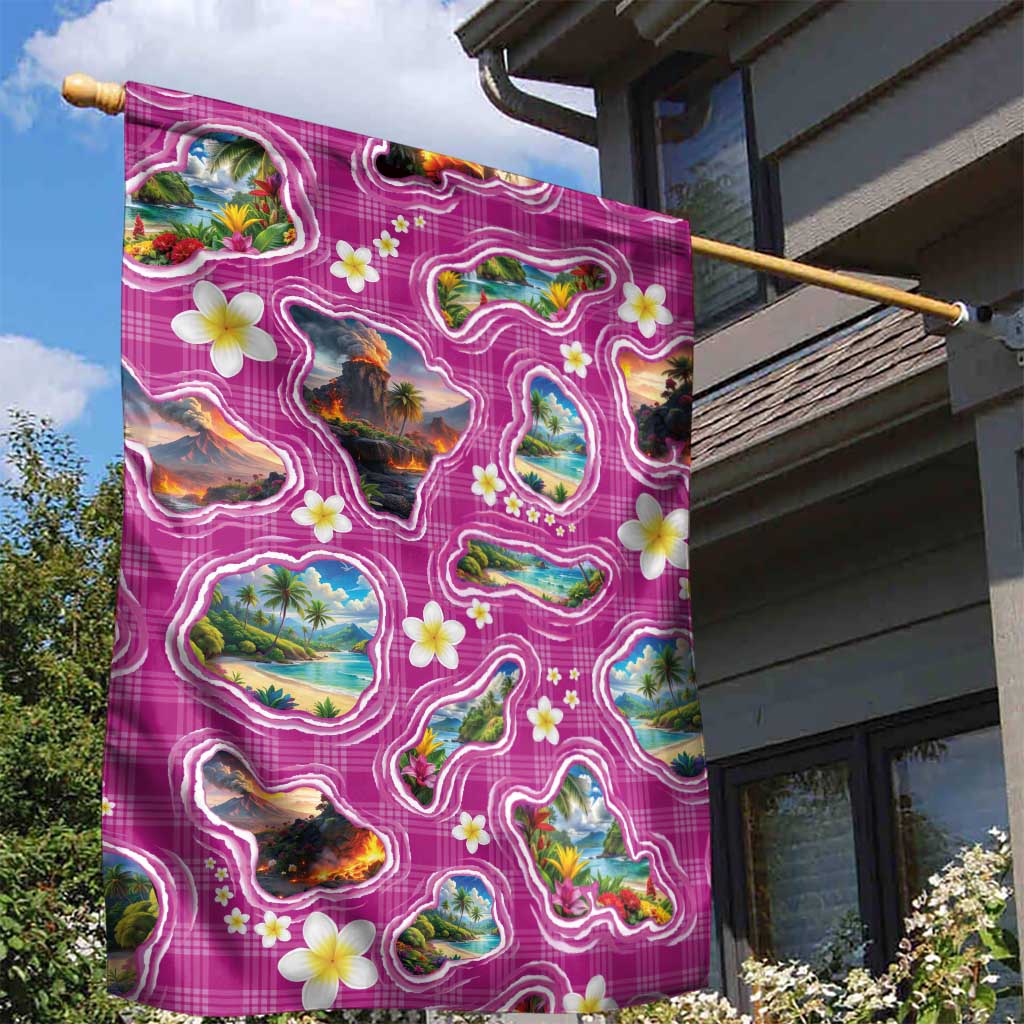 Hawaiian Island Shapes-Iconic Landscape Garden Flag with Plumeria and Palaka Pink Color