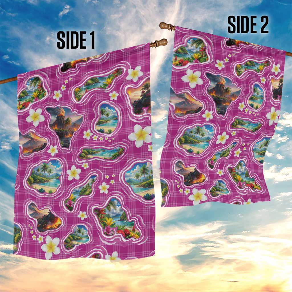 Hawaiian Island Shapes-Iconic Landscape Garden Flag with Plumeria and Palaka Pink Color