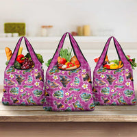 Hawaiian Island Shapes-Iconic Landscape Grocery Bag with Plumeria and Palaka Pink Color