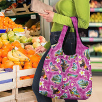 Hawaiian Island Shapes-Iconic Landscape Grocery Bag with Plumeria and Palaka Pink Color