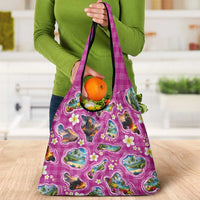 Hawaiian Island Shapes-Iconic Landscape Grocery Bag with Plumeria and Palaka Pink Color