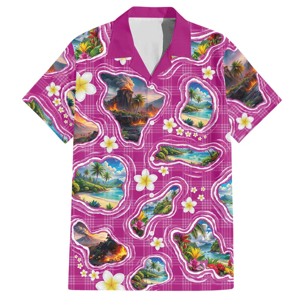 Hawaiian Island Shapes-Iconic Landscape Hawaiian Shirt with Plumeria and Palaka Pink Color