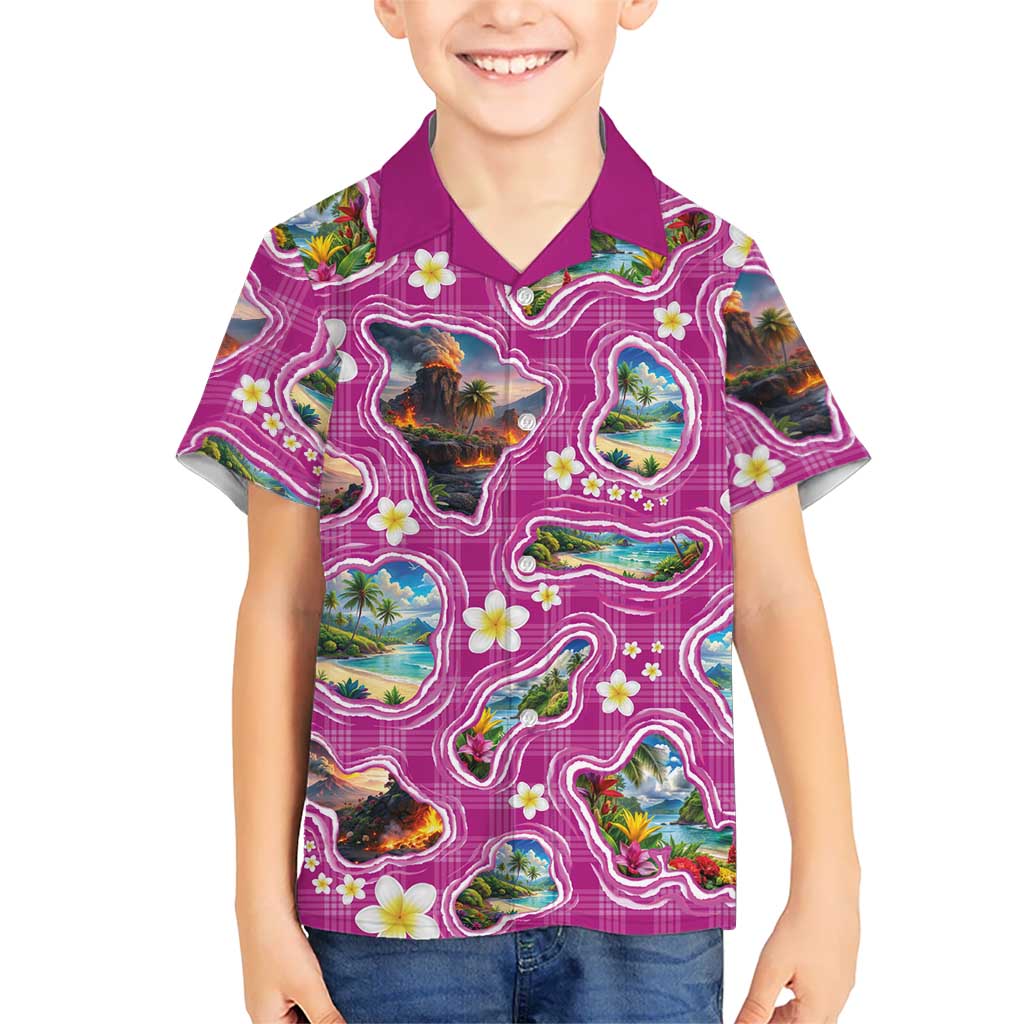Hawaiian Island Shapes-Iconic Landscape Hawaiian Shirt with Plumeria and Palaka Pink Color