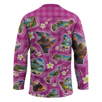 Hawaiian Island Shapes-Iconic Landscape Hockey Jersey with Plumeria and Palaka Pink Color