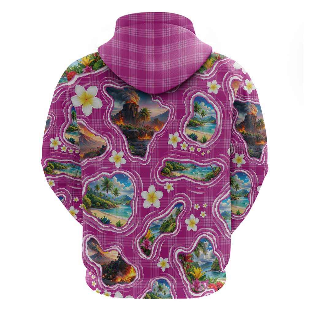 Hawaiian Island Shapes-Iconic Landscape Hoodie with Plumeria and Palaka Pink Color
