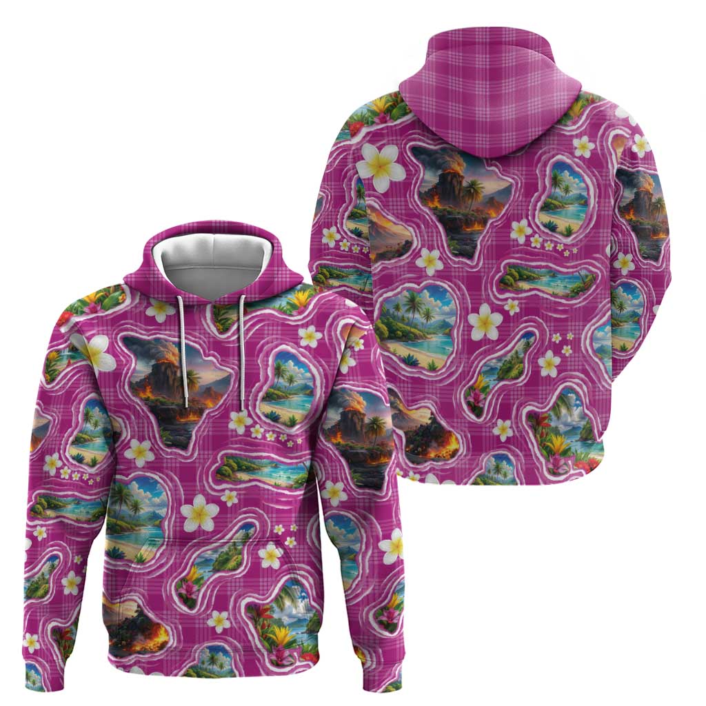 Hawaiian Island Shapes-Iconic Landscape Hoodie with Plumeria and Palaka Pink Color