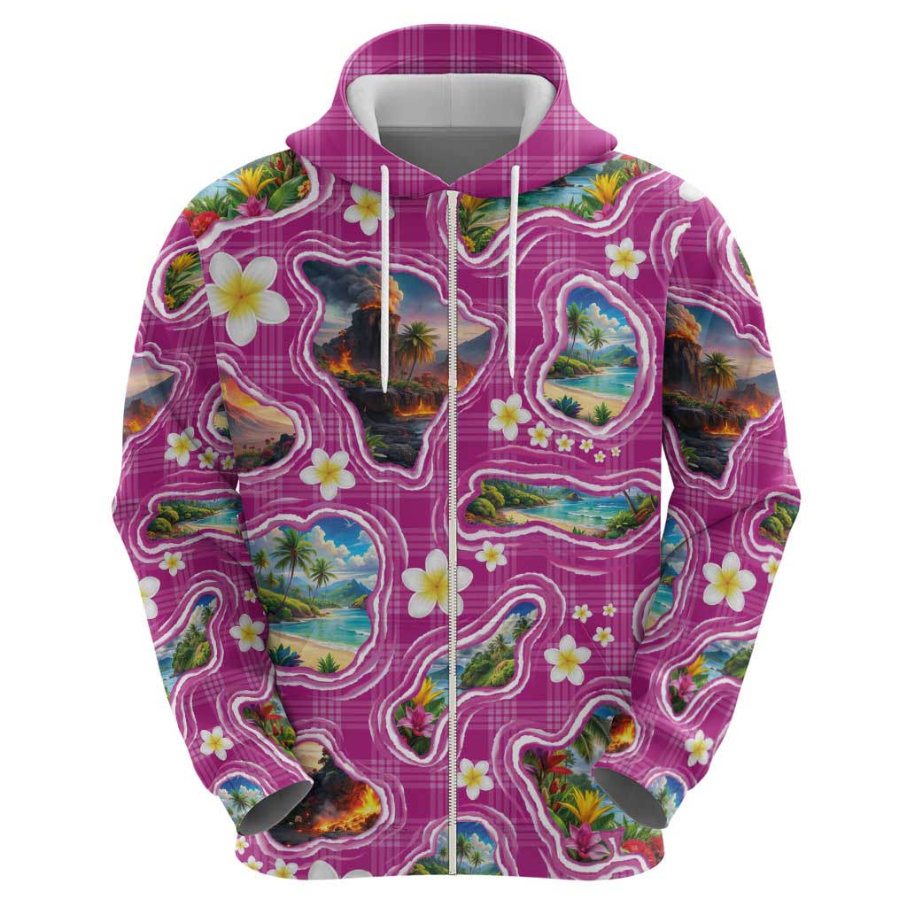 Hawaiian Island Shapes-Iconic Landscape Hoodie with Plumeria and Palaka Pink Color