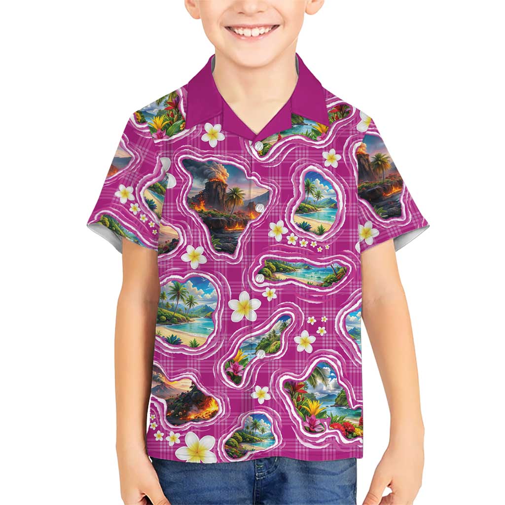 Hawaiian Island Shapes-Iconic Landscape Kid Hawaiian Shirt with Plumeria and Palaka Pink Color LT03 Kid Pink - Polynesian Pride