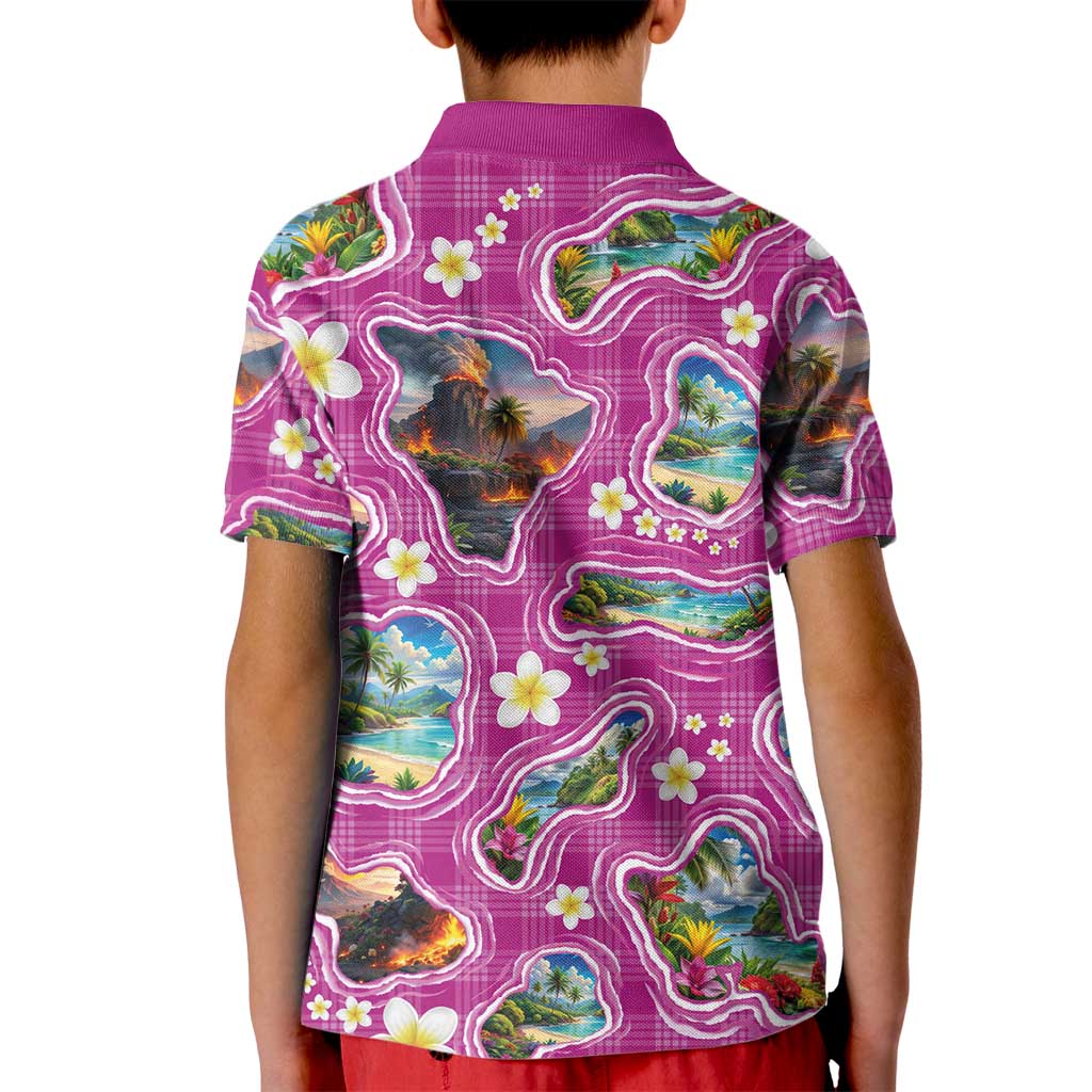 Hawaiian Island Shapes-Iconic Landscape Kid Polo Shirt with Plumeria and Palaka Pink Color LT03 - Polynesian Pride