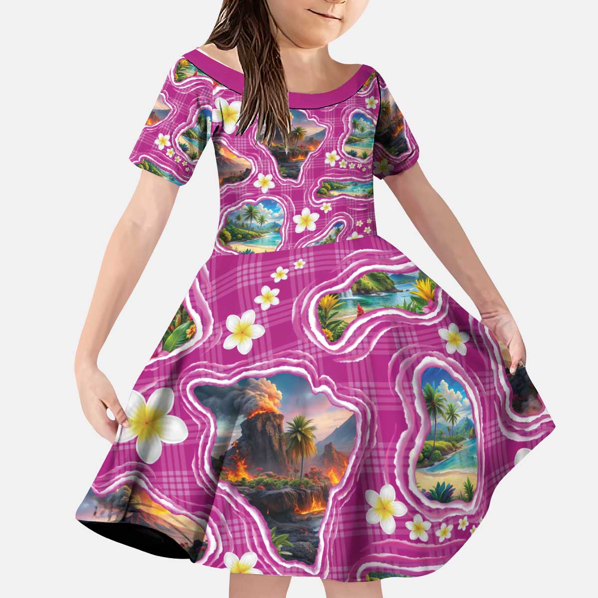 Hawaiian Island Shapes-Iconic Landscape Kid Short Sleeve Dress with Plumeria and Palaka Pink Color LT03 KID Pink - Polynesian Pride