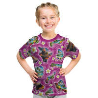 Hawaiian Island Shapes-Iconic Landscape Kid T Shirt with Plumeria and Palaka Pink Color