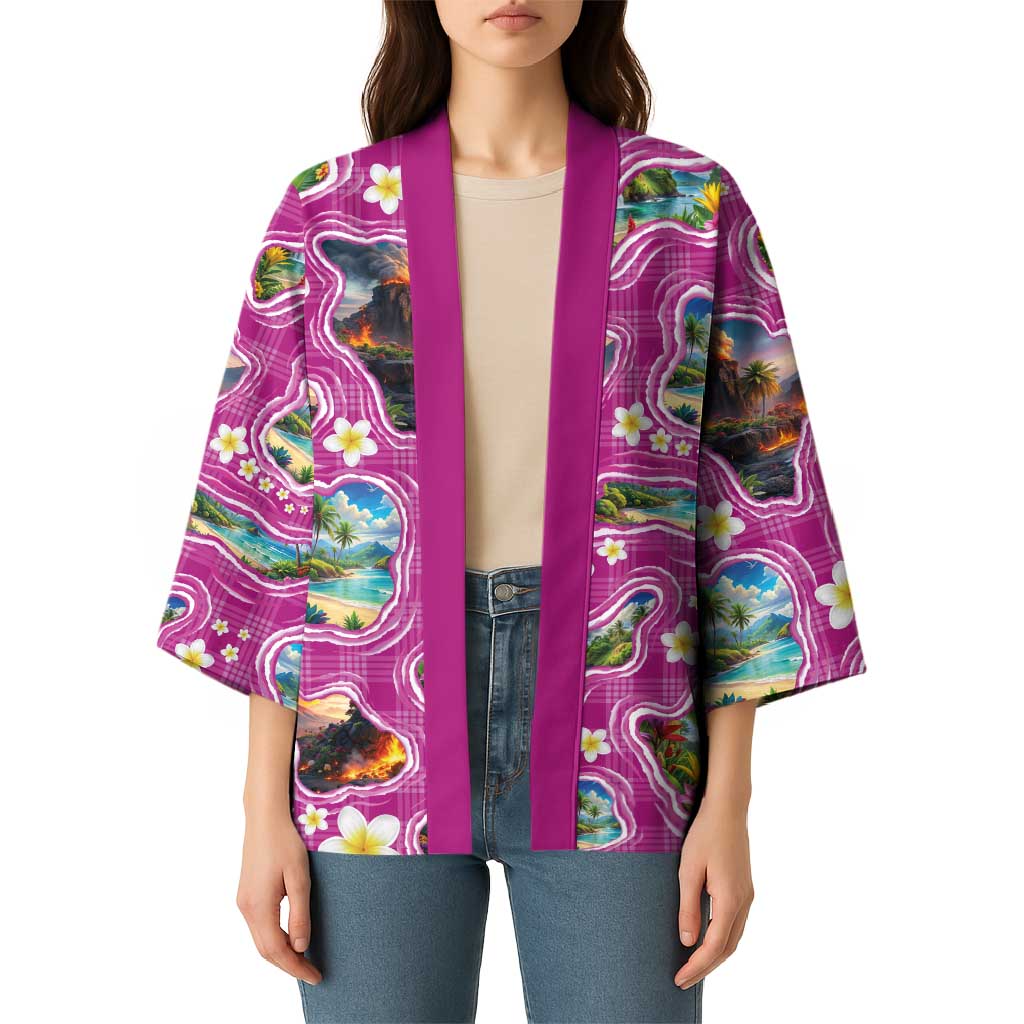 Hawaiian Island Shapes-Iconic Landscape Kimono with Plumeria and Palaka Pink Color