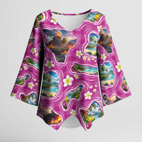Hawaiian Island Shapes-Iconic Landscape Kimono Sleeve Blouse with Plumeria and Palaka Pink Color