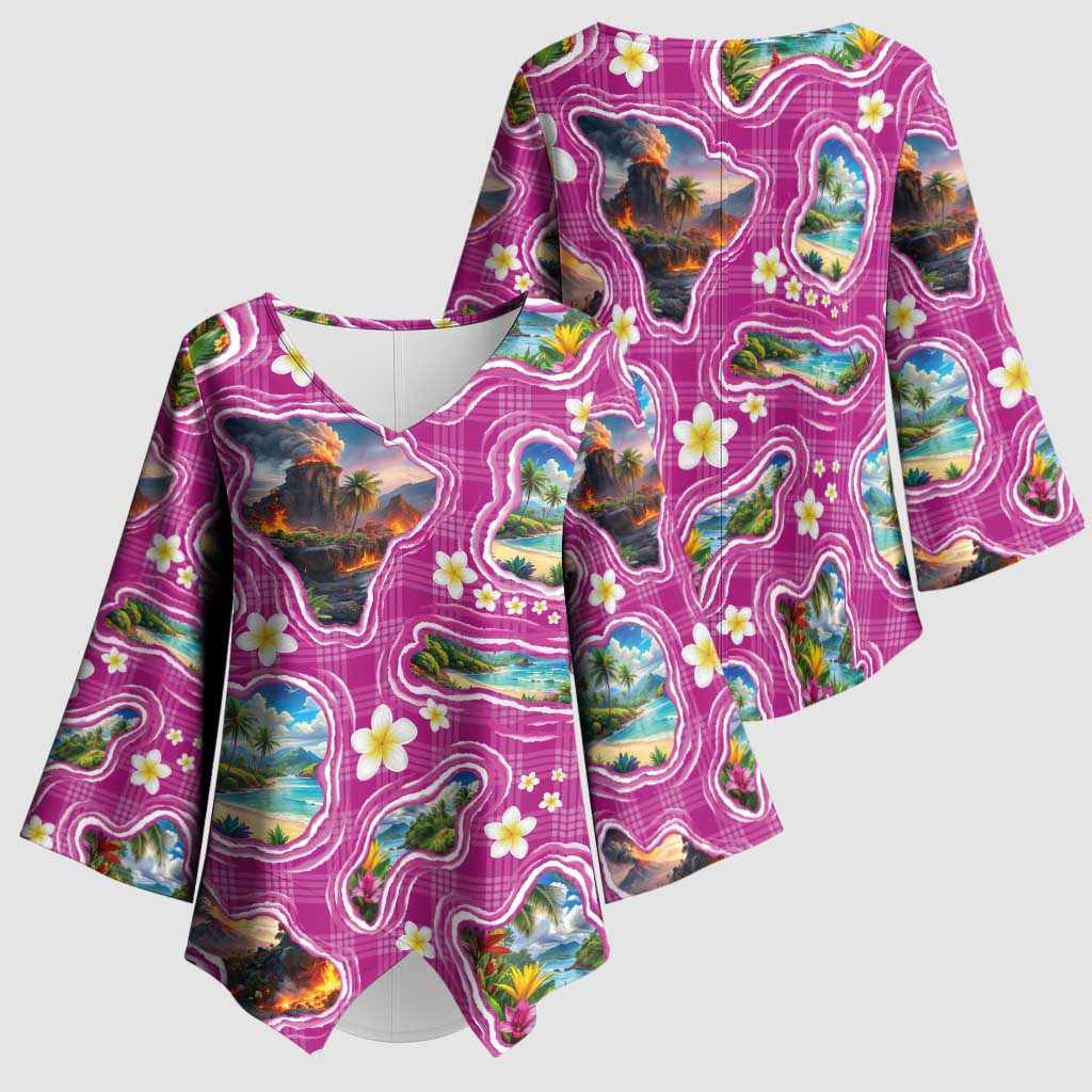 Hawaiian Island Shapes-Iconic Landscape Kimono Sleeve Blouse with Plumeria and Palaka Pink Color