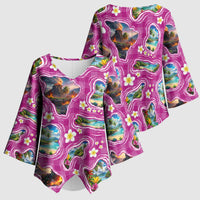 Hawaiian Island Shapes-Iconic Landscape Kimono Sleeve Blouse with Plumeria and Palaka Pink Color